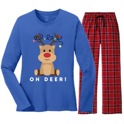 Christmas Reindeer Oh Deer Christmas Lights Gift Women's Long Sleeve Flannel Pajama Set 