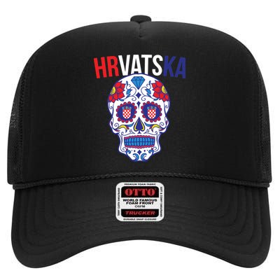 Croatia Hrvatska Soccer Skull High Crown Mesh Back Trucker Hat