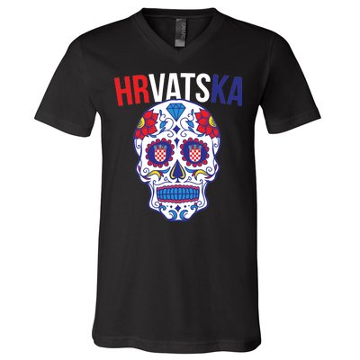 Croatia Hrvatska Soccer Skull V-Neck T-Shirt