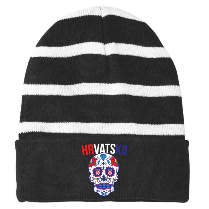 Croatia Hrvatska Soccer Skull Striped Beanie with Solid Band