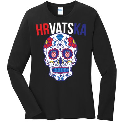 Croatia Hrvatska Soccer Skull Ladies Long Sleeve Shirt