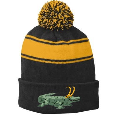 Croki Crocodile Alligator Golden Horns Stripe Pom Pom Beanie