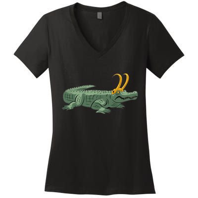 Croki Crocodile Alligator Golden Horns Women's V-Neck T-Shirt