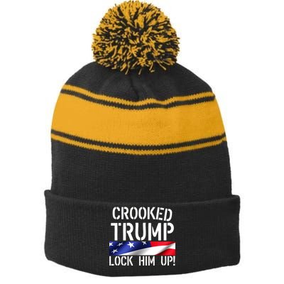 Crooked Trump Lock Him Up USA Stripe Pom Pom Beanie