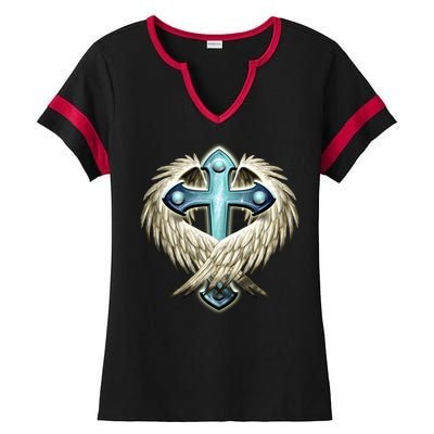 Cross With Wings Ladies Halftime Notch Neck Tee