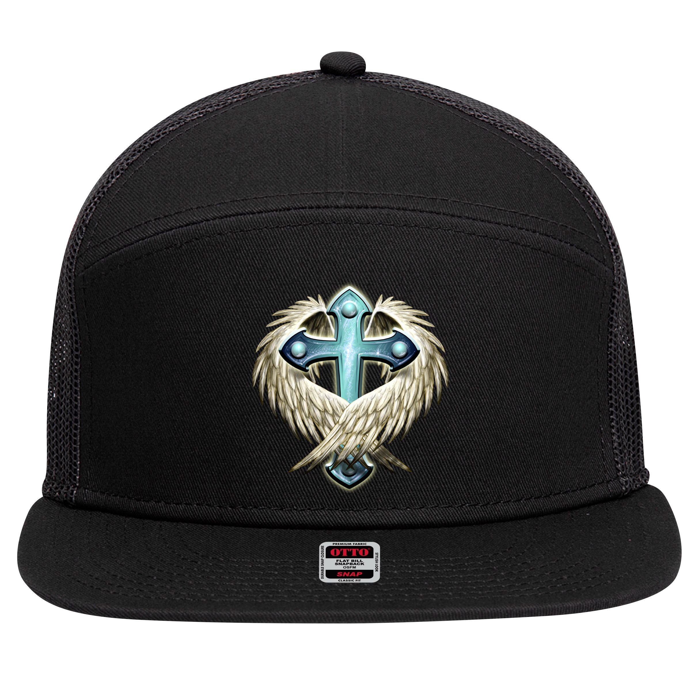 Cross With Wings 7 Panel Mesh Trucker Snapback Hat