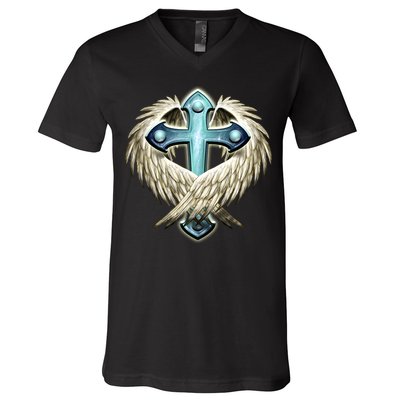 Cross With Wings V-Neck T-Shirt