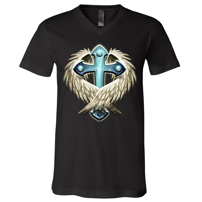 Cross With Wings V-Neck T-Shirt