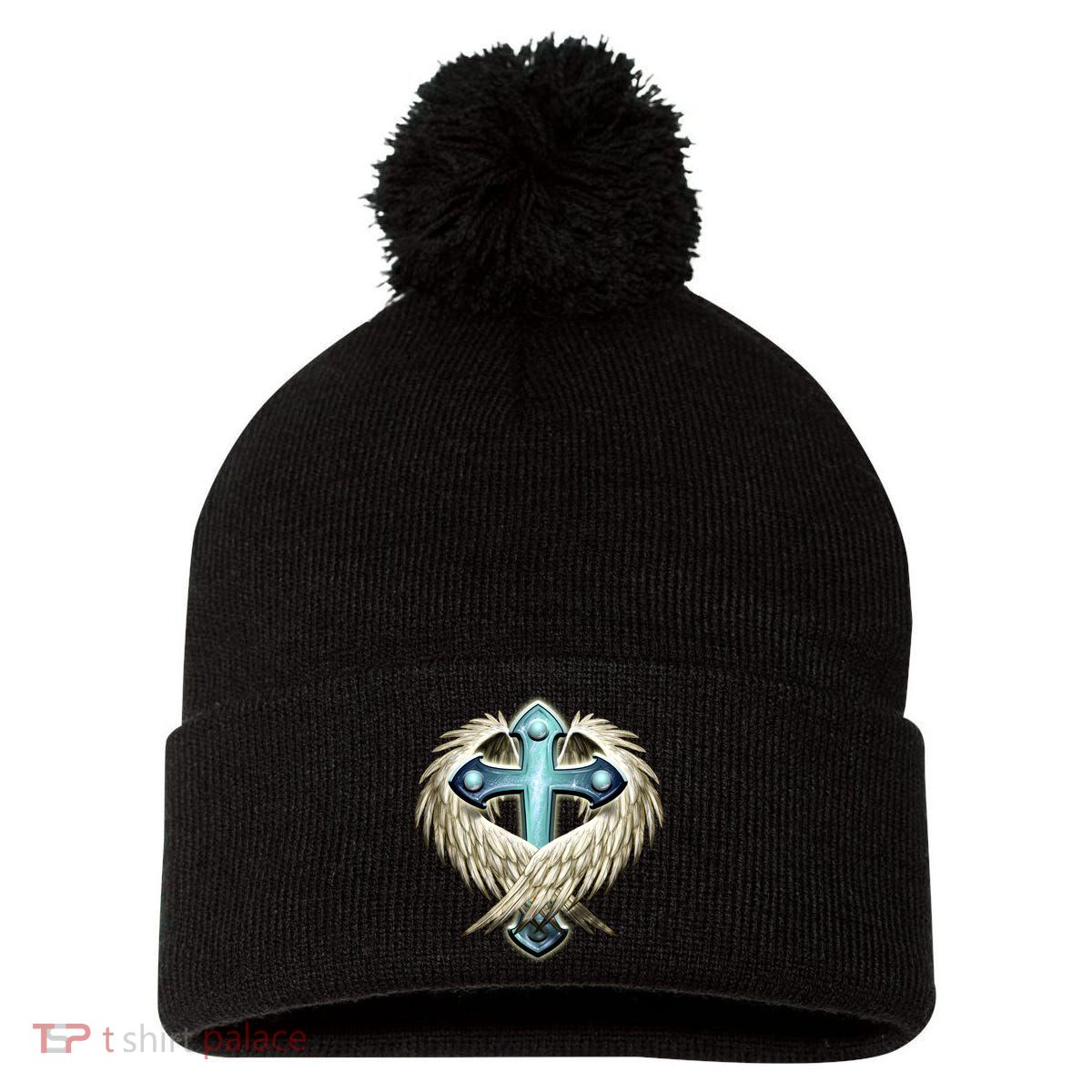 Cross With Wings Pom Pom 12in Knit Beanie