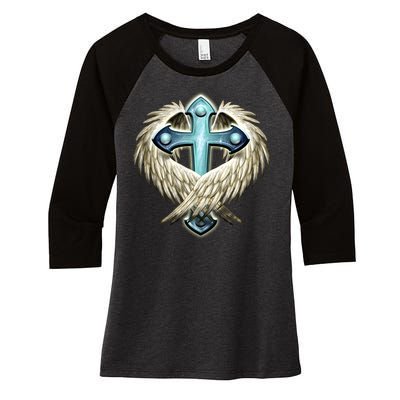 Cross With Wings Women's Tri-Blend 3/4-Sleeve Raglan Shirt