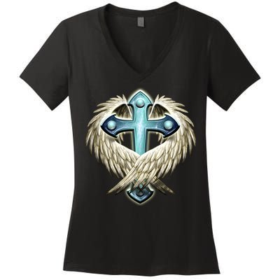 Cross With Wings Women's V-Neck T-Shirt