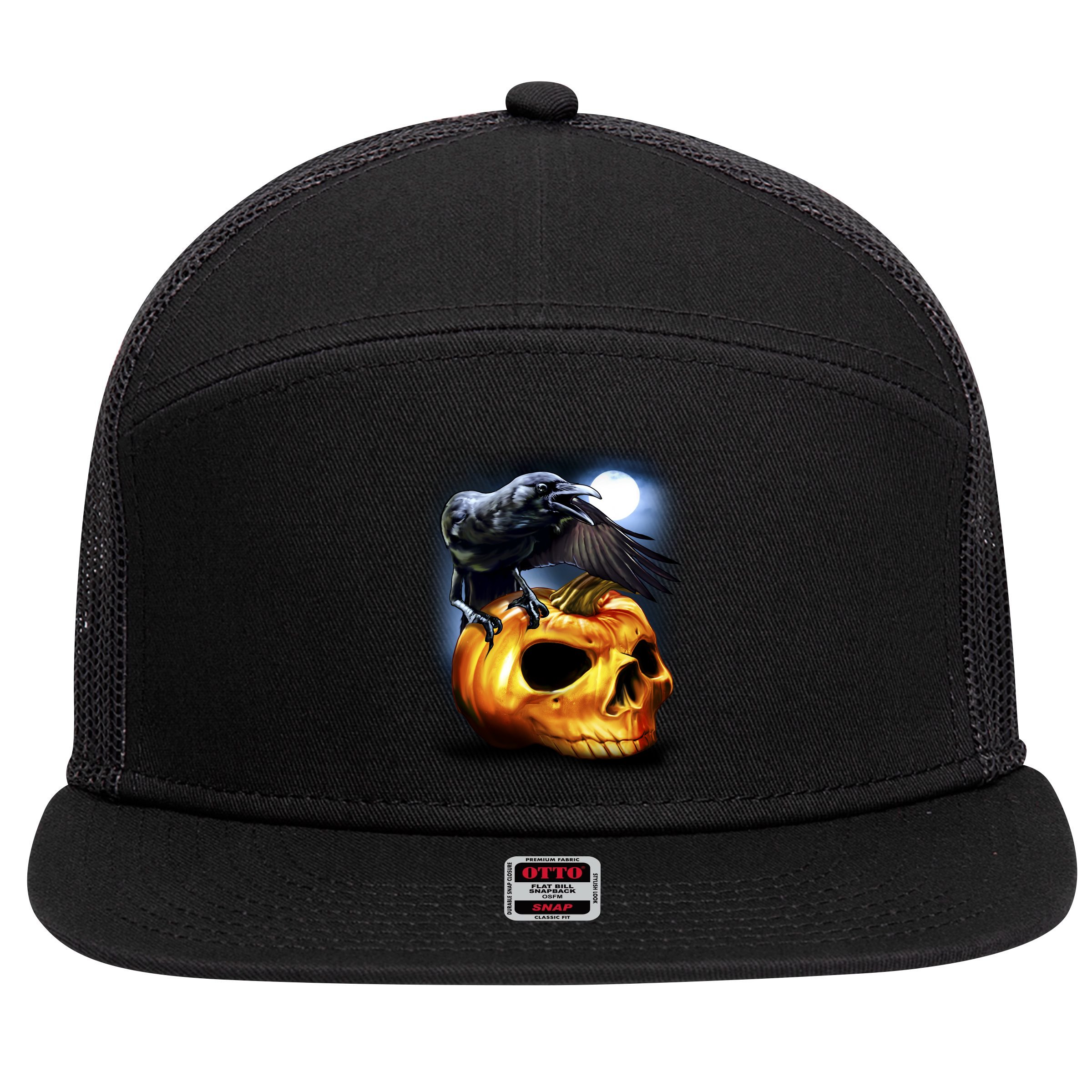 Crow Pumpkin Skull Halloween 7 Panel Mesh Trucker Snapback Hat