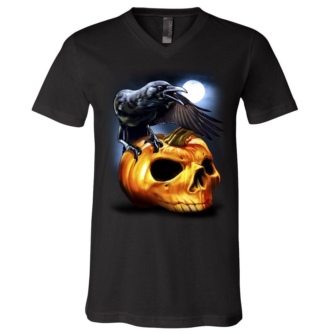 Crow Pumpkin Skull Halloween V-Neck T-Shirt