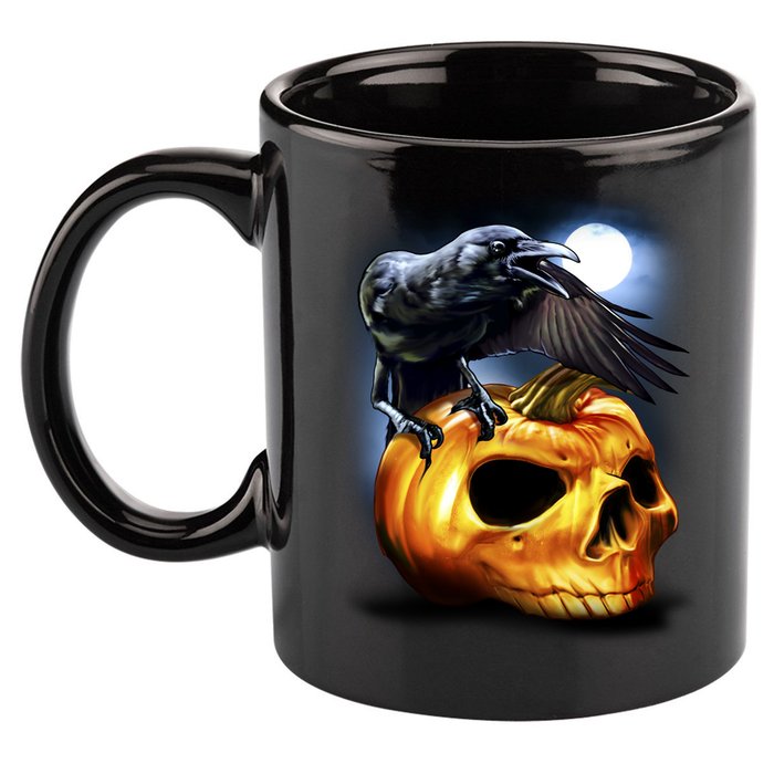 Crow Pumpkin Skull Halloween 11oz C Handle Ceramic Mug