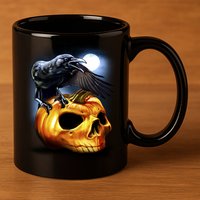 Crow Pumpkin Skull Halloween 11oz C Handle Ceramic Mug