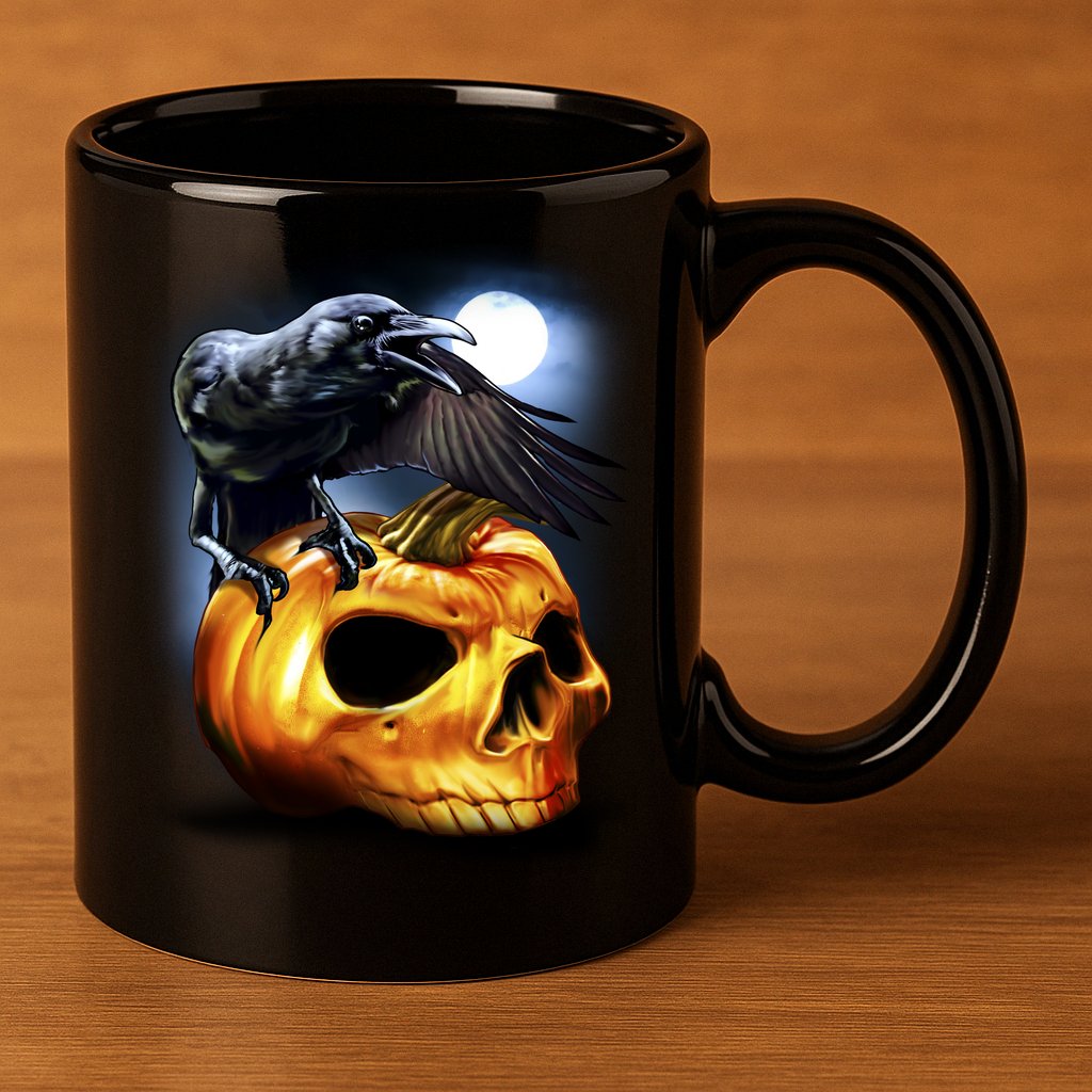 Crow Pumpkin Skull Halloween 11oz C Handle Ceramic Mug
