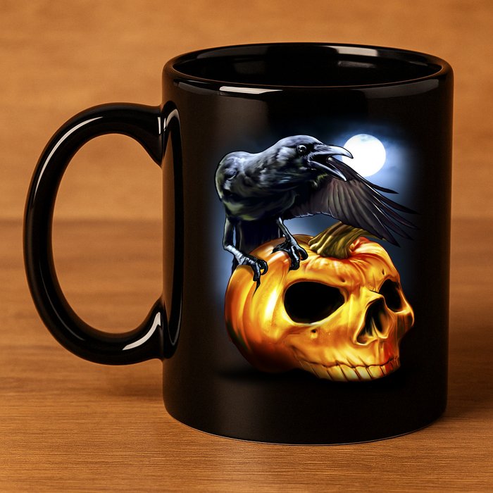 Crow Pumpkin Skull Halloween 11oz C Handle Ceramic Mug