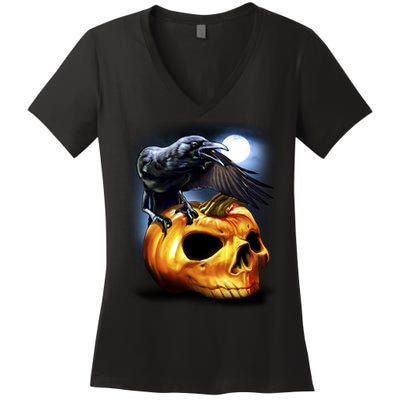 Crow Pumpkin Skull Halloween Women's V-Neck T-Shirt