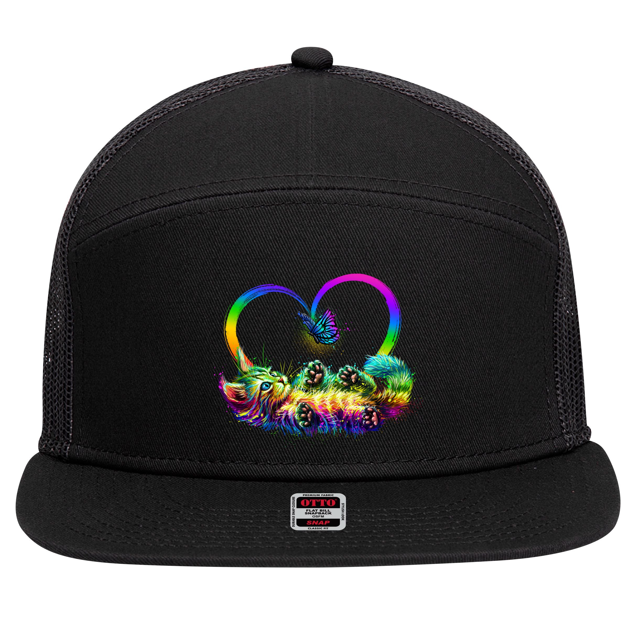 Cute Rainbow Paint Kitten Butterfly Heart 7 Panel Mesh Trucker Snapback Hat