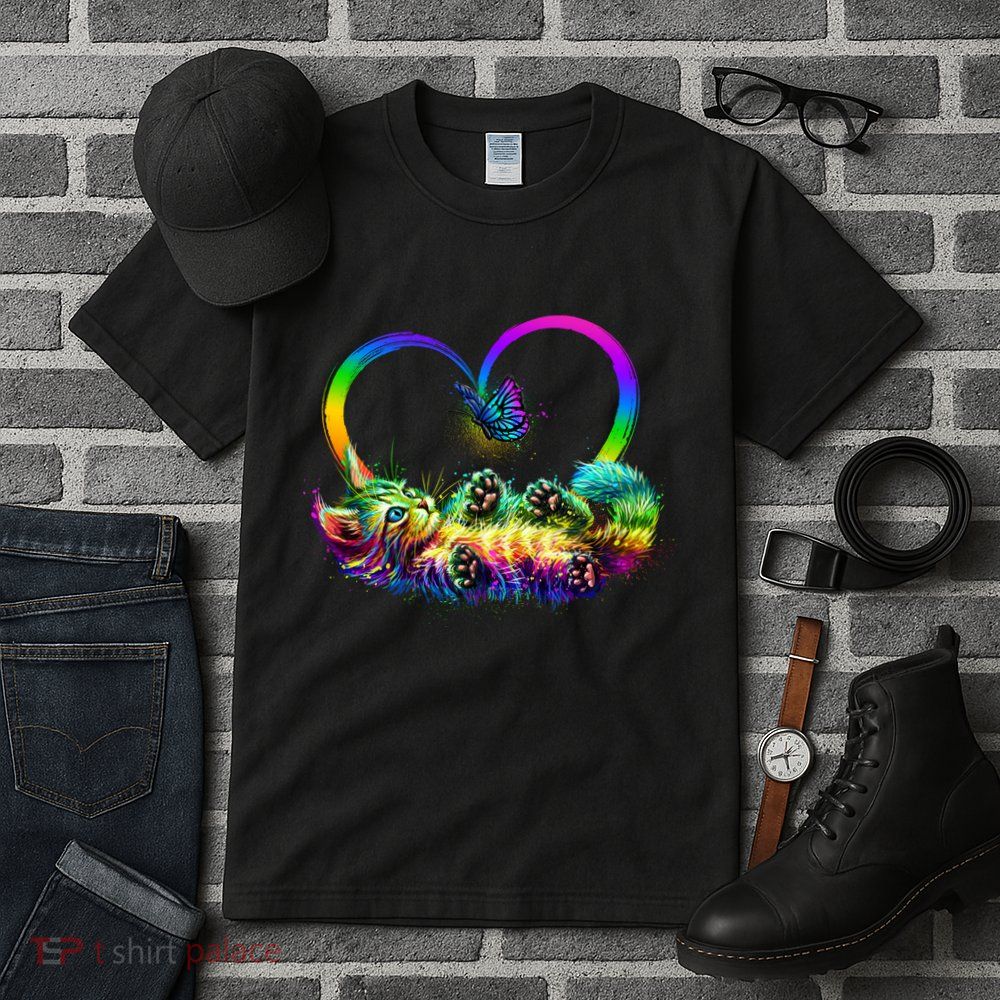 Cute Rainbow Paint Kitten Butterfly Heart Tall T-Shirt