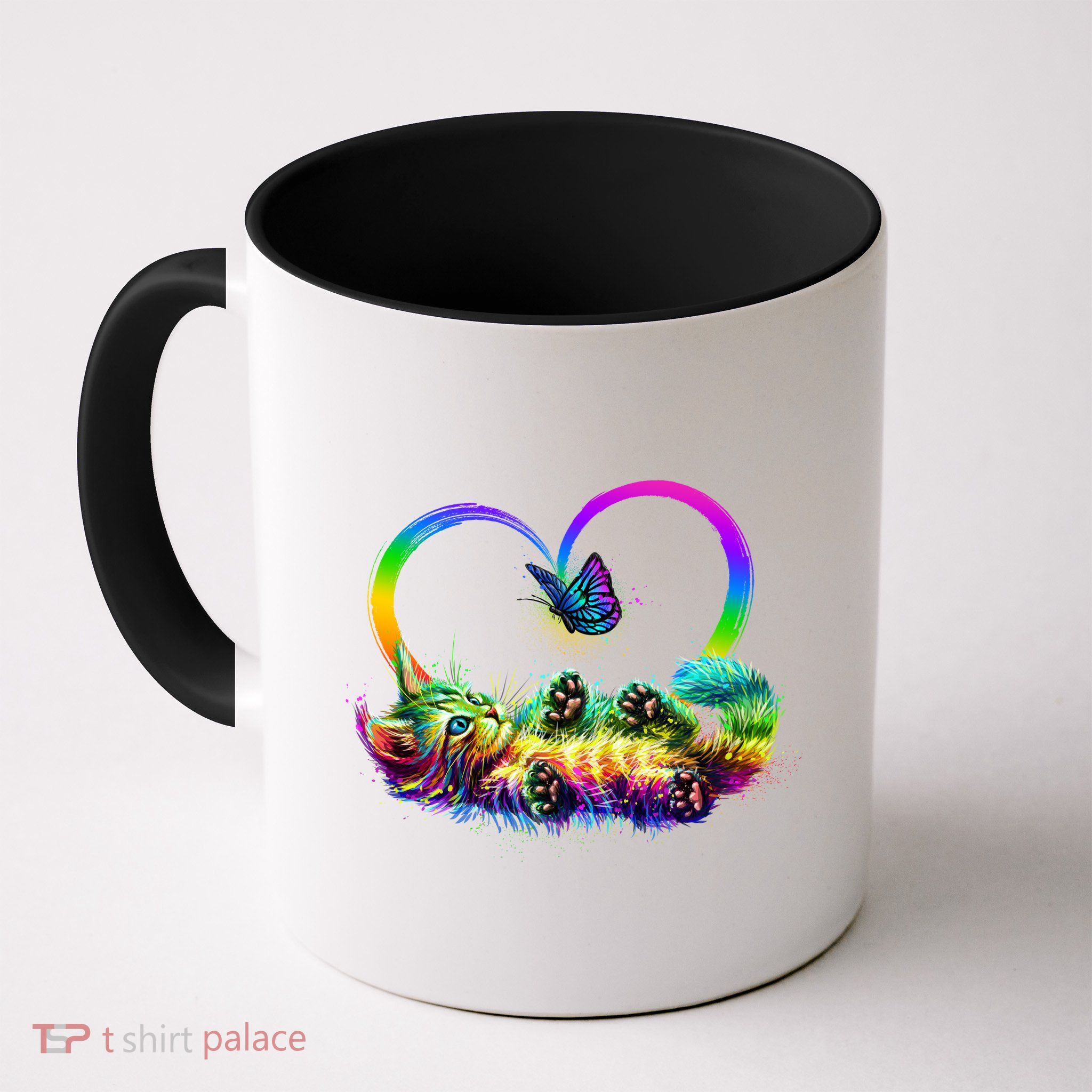 Cute Rainbow Paint Kitten Butterfly Heart Coffee Mug