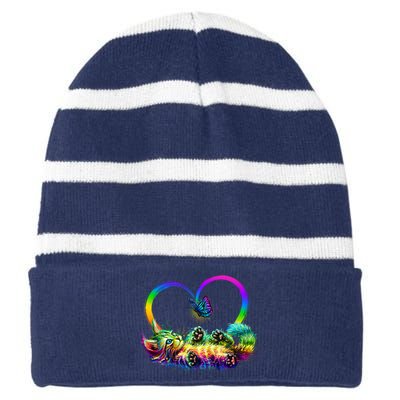 Cute Rainbow Paint Kitten Butterfly Heart Striped Beanie with Solid Band