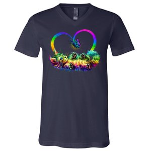 Cute Rainbow Paint Kitten Butterfly Heart V-Neck T-Shirt