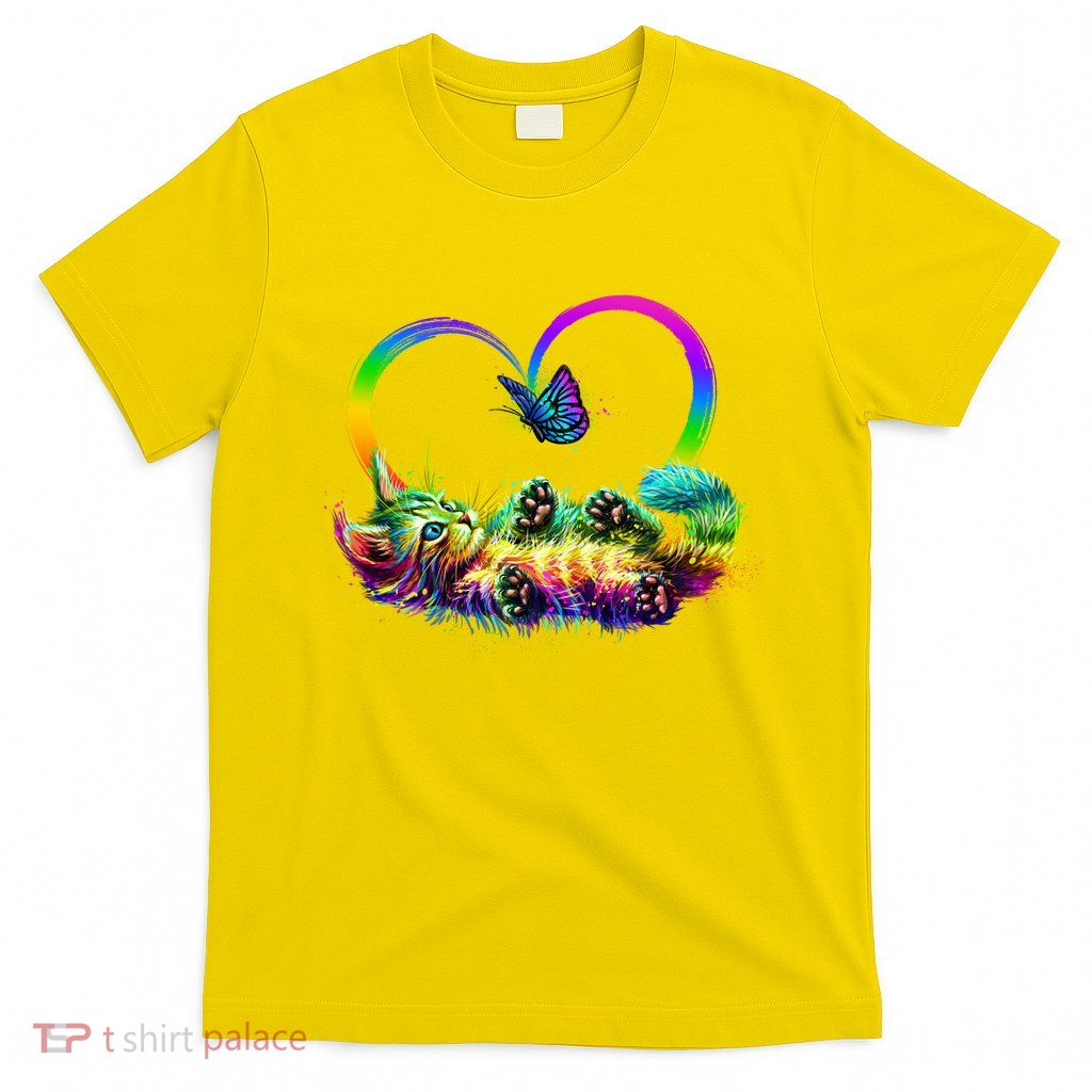 Cute Rainbow Paint Kitten Butterfly Heart T-Shirt