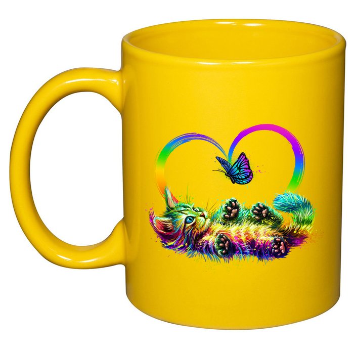 Cute Rainbow Paint Kitten Butterfly Heart 11oz C Handle Ceramic Mug