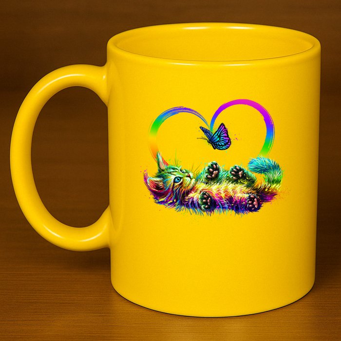 Cute Rainbow Paint Kitten Butterfly Heart 11oz C Handle Ceramic Mug