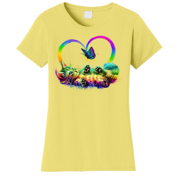 Cute Rainbow Paint Kitten Butterfly Heart Women's T-Shirt