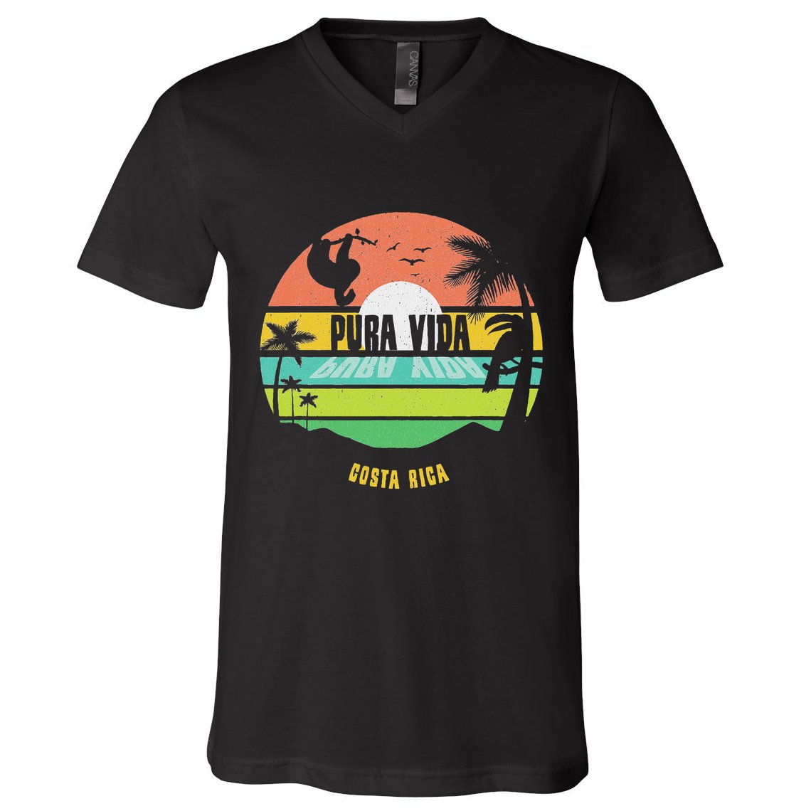 Costa Rica Pura Vida Tropical Sloth & Toucan Sunset Souvenir V-Neck T-Shirt
