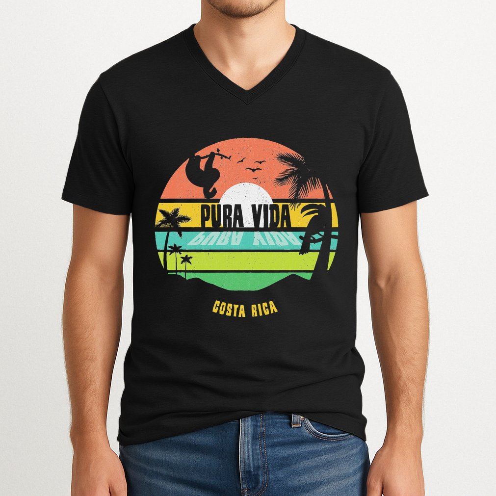 Costa Rica Pura Vida Tropical Sloth & Toucan Sunset Souvenir V-Neck T-Shirt