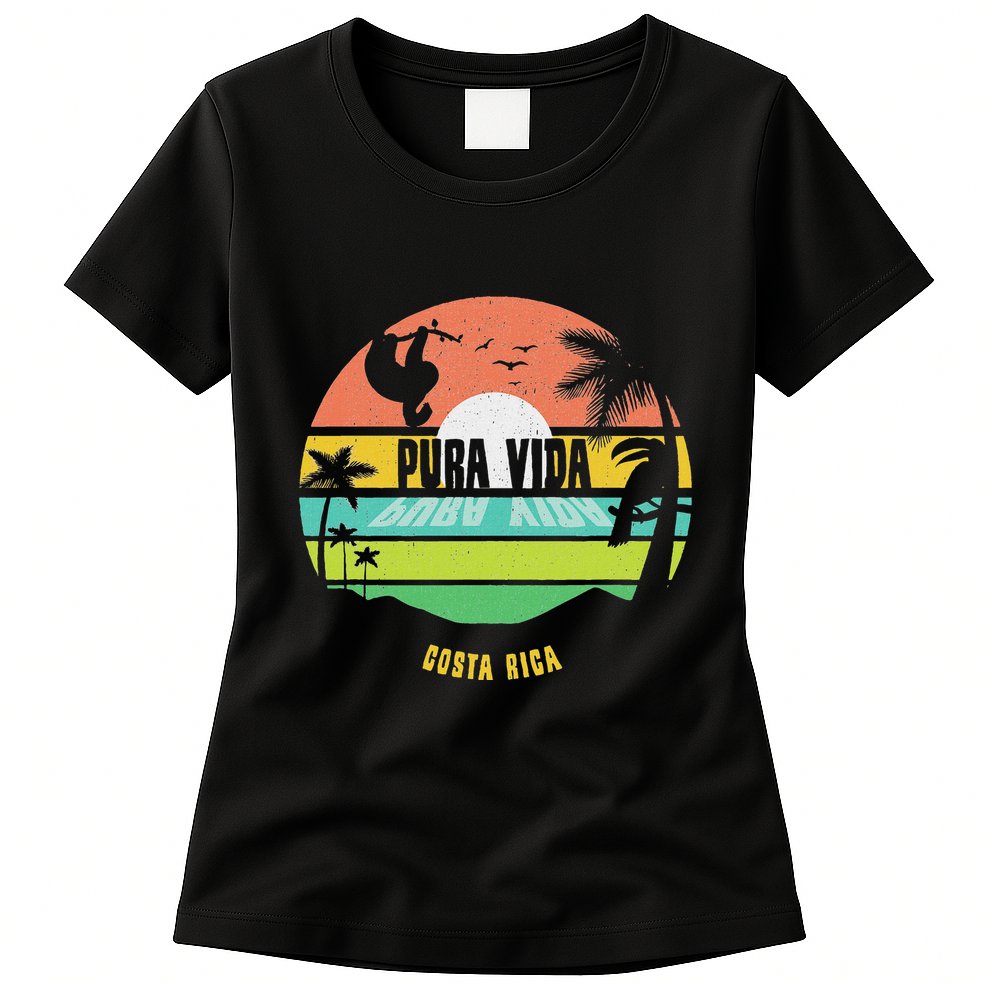 Costa Rica Pura Vida Tropical Sloth & Toucan Sunset Souvenir Womens T-Shirt