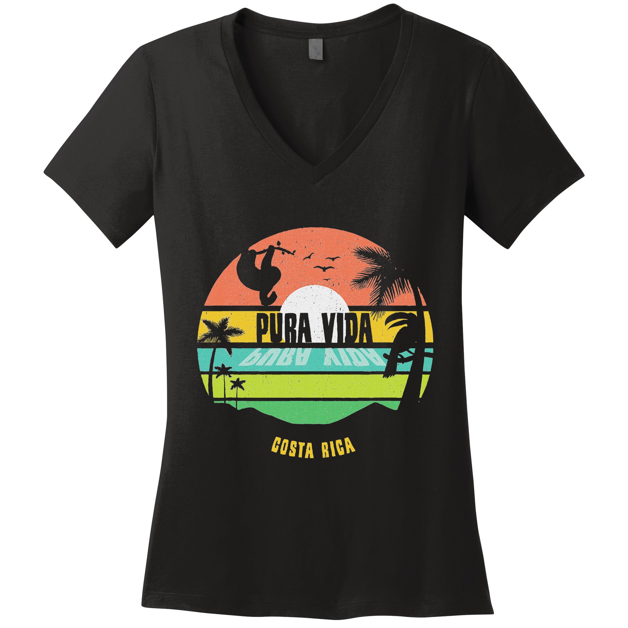 Costa Rica Pura Vida Tropical Sloth & Toucan Sunset Souvenir Women's V-Neck T-Shirt