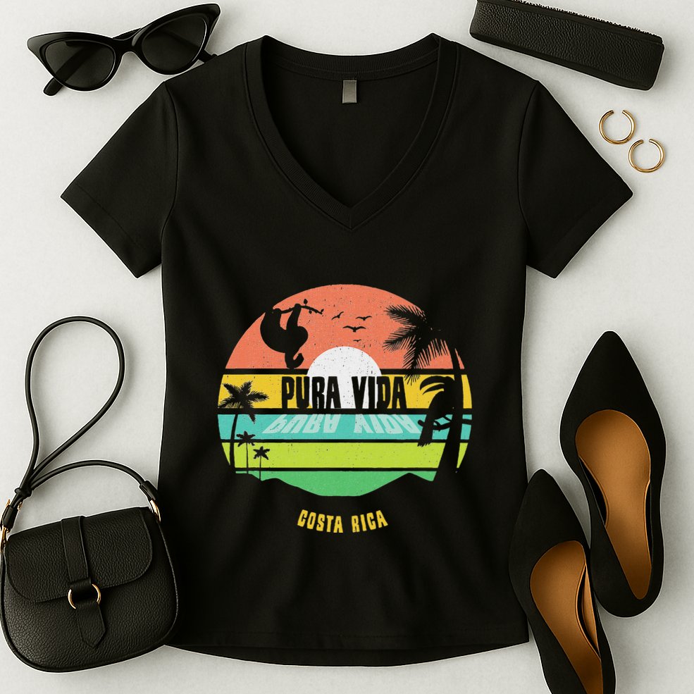 Costa Rica Pura Vida Tropical Sloth & Toucan Sunset Souvenir Women's V-Neck T-Shirt