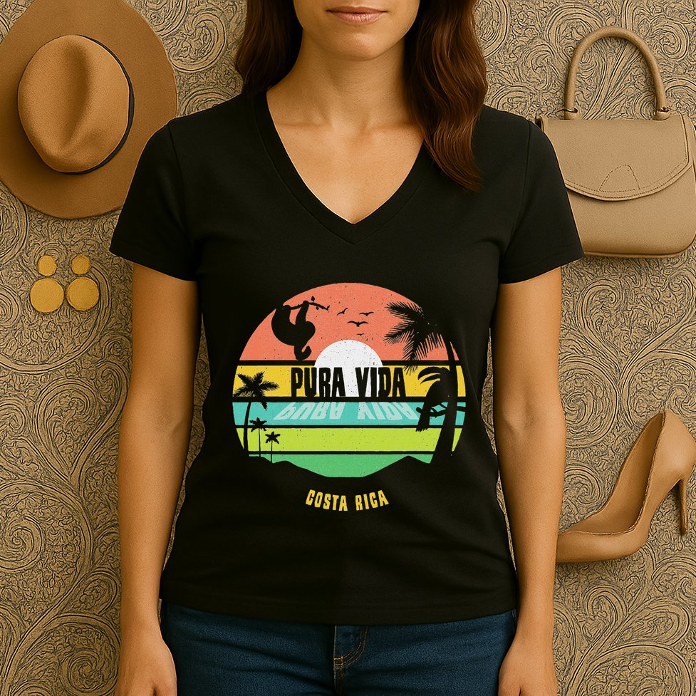 Costa Rica Pura Vida Tropical Sloth & Toucan Sunset Souvenir Women's V-Neck T-Shirt