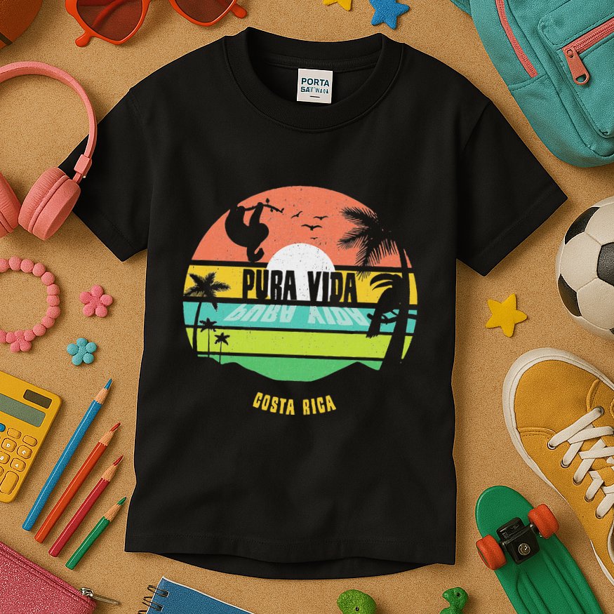 Costa Rica Pura Vida Tropical Sloth & Toucan Sunset Souvenir Kids T-Shirt