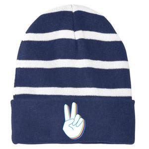 Colorful Retro Peace Sign Striped Beanie with Solid Band