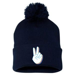 Colorful Retro Peace Sign Pom Pom 12in Knit Beanie