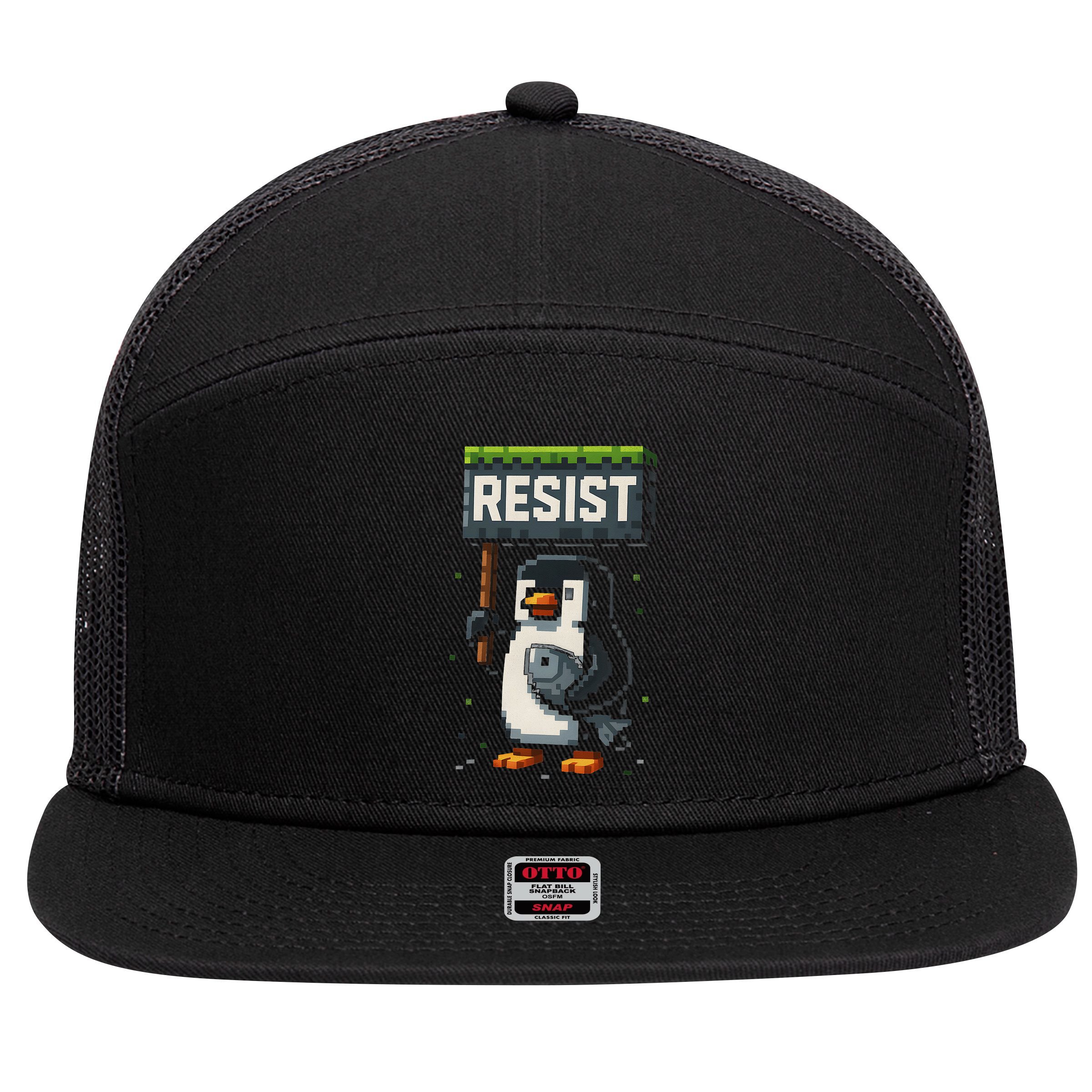 Cool Resist Penguin Funny Pixel Art Gamer 7 Panel Mesh Trucker Snapback Hat
