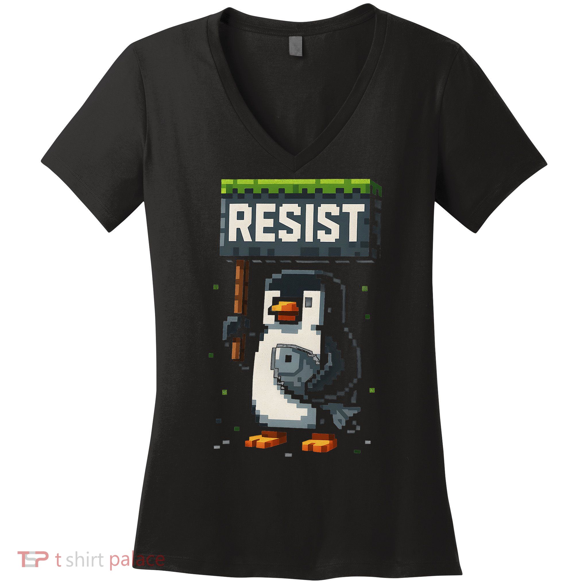 Cool Resist Penguin Funny Pixel Art Gamer Women's V-Neck T-Shirt