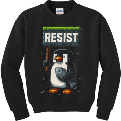 Cool Resist Penguin Funny Pixel Art Gamer Kids Sweatshirt