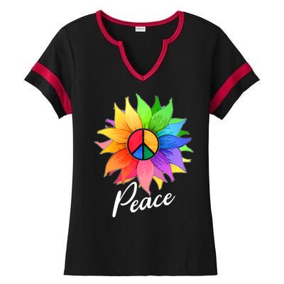 Cute Rainbow Peace Symbol Flower Ladies Halftime Notch Neck Tee