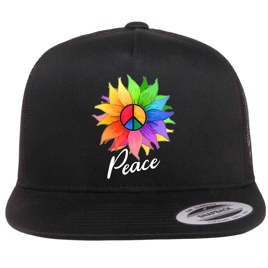 Cute Rainbow Peace Symbol Flower Flat Bill Trucker Hat