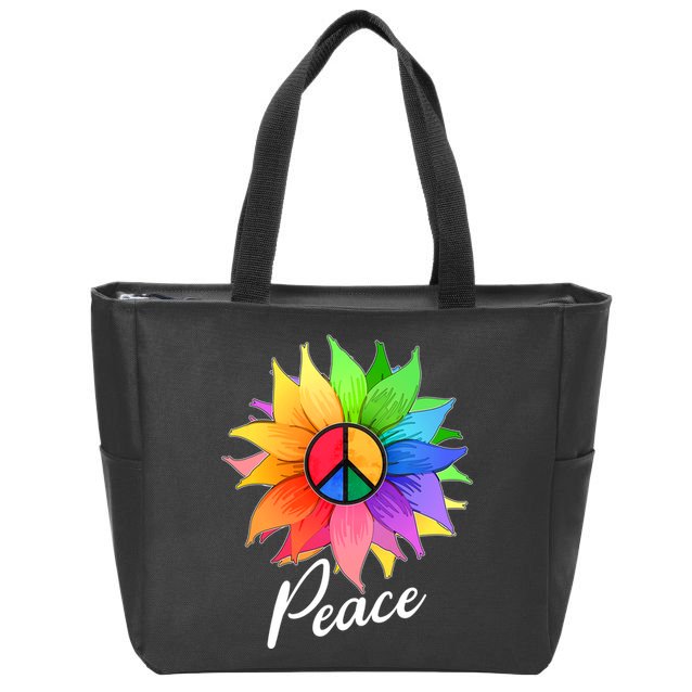 Cute Rainbow Peace Symbol Flower Zip Tote Bag