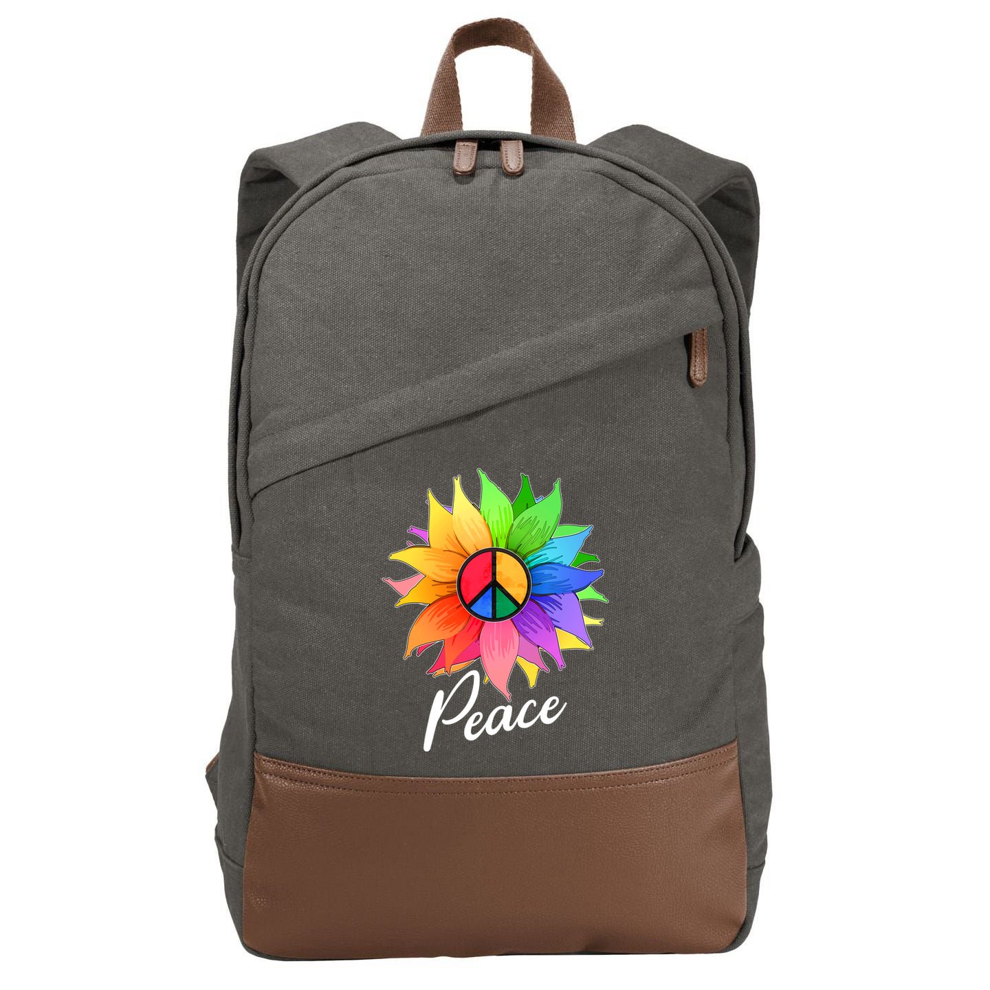 Cute Rainbow Peace Symbol Flower Cotton Canvas Backpack