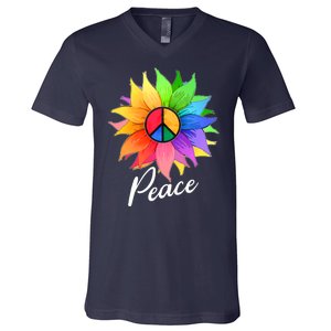 Cute Rainbow Peace Symbol Flower V-Neck T-Shirt