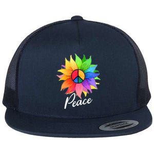 Cute Rainbow Peace Symbol Flower Flat Bill Trucker Hat