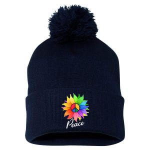 Cute Rainbow Peace Symbol Flower Pom Pom 12in Knit Beanie